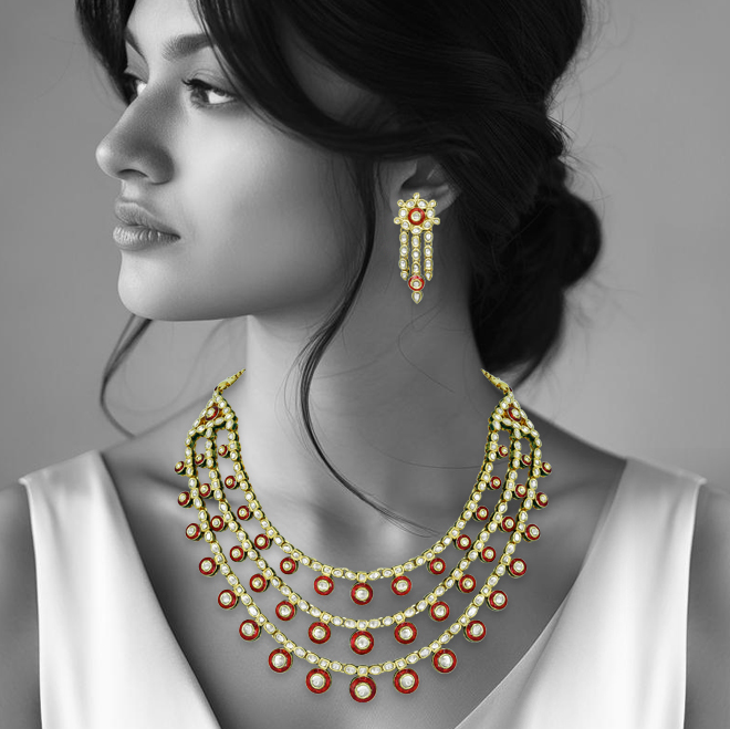 Layered Polki Necklace Set with Red Enamel and Circular Motifs